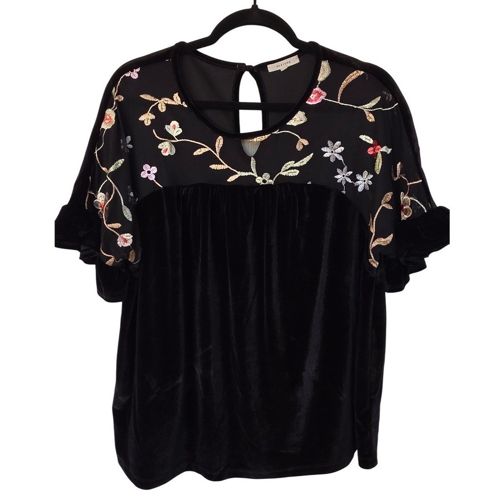 Black Velvet Floral Embroidered Mesh Top Ruffle Sleeve L Whimsigoth Fairy Boho